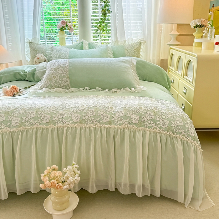 91家纺网 家纺一手货源 找家纺 唐人居 2025新款高克重牛奶绒蕾丝雪纺花边四件套-丘比特 丘比特-浅绿