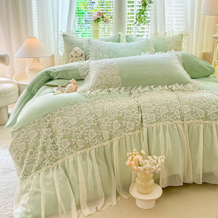 91家纺网 家纺一手货源 找家纺 唐人居 2025新款高克重牛奶绒蕾丝雪纺花边四件套-丘比特 丘比特-浅绿