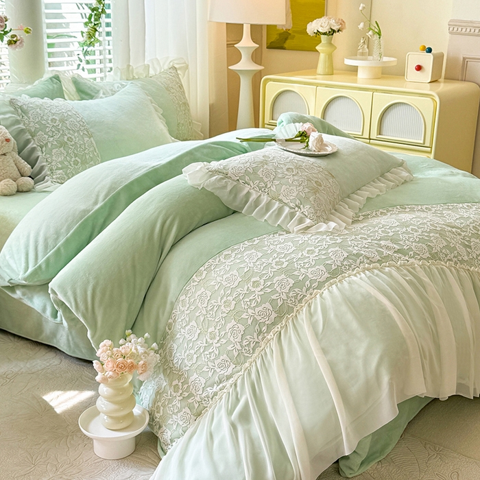 91家纺网 家纺一手货源 找家纺 唐人居 2025新款高克重牛奶绒蕾丝雪纺花边四件套-丘比特 丘比特-浅绿