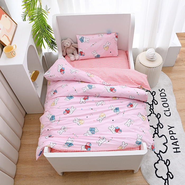 91家纺网 家纺一手货源 找家纺 萌宝家纺 2025新款幼儿园全棉纯棉三件套含芯婴童多件套 小兔子-粉色