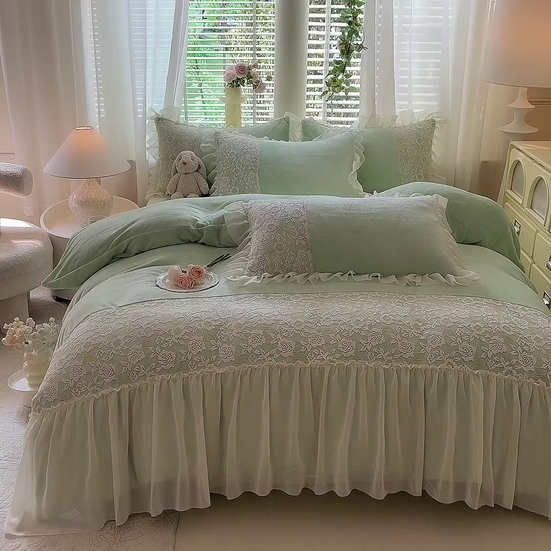 91家纺网 家纺一手货源 找家纺 唐人居 2025新款高克重牛奶绒蕾丝雪纺花边四件套-丘比特 丘比特-浅绿