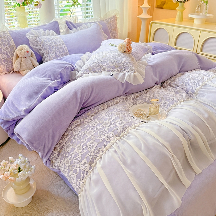 唐人居 2025新款高克重牛奶绒蕾丝雪纺花边四件套-丘比特 丘比特-浅紫