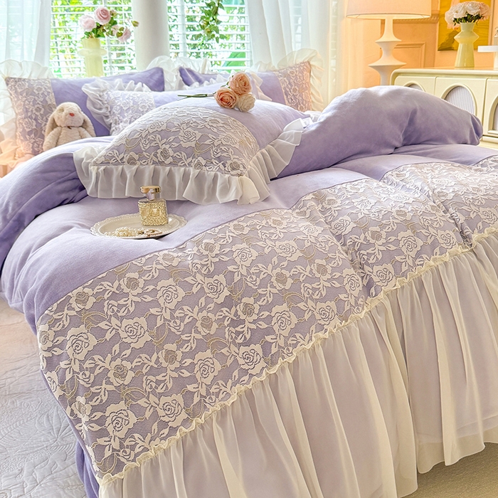 91家纺网 家纺一手货源 找家纺 唐人居 2025新款高克重牛奶绒蕾丝雪纺花边四件套-丘比特 丘比特-浅紫