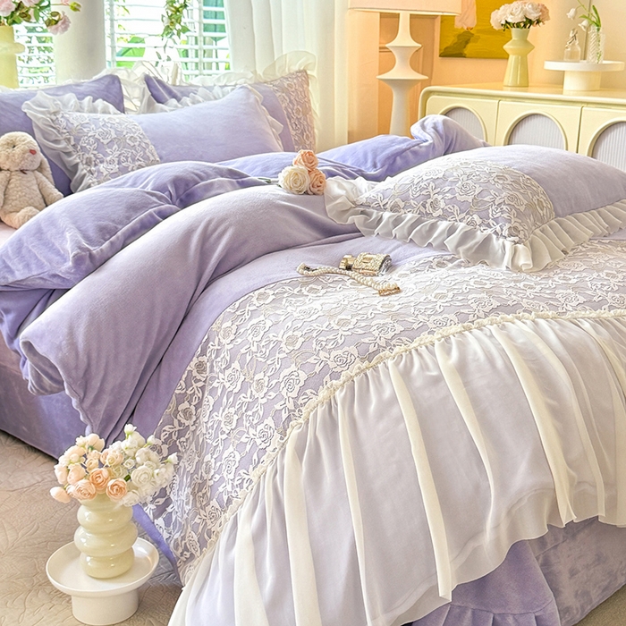 91家纺网 家纺一手货源 找家纺 唐人居 2025新款高克重牛奶绒蕾丝雪纺花边四件套-丘比特 丘比特-浅紫