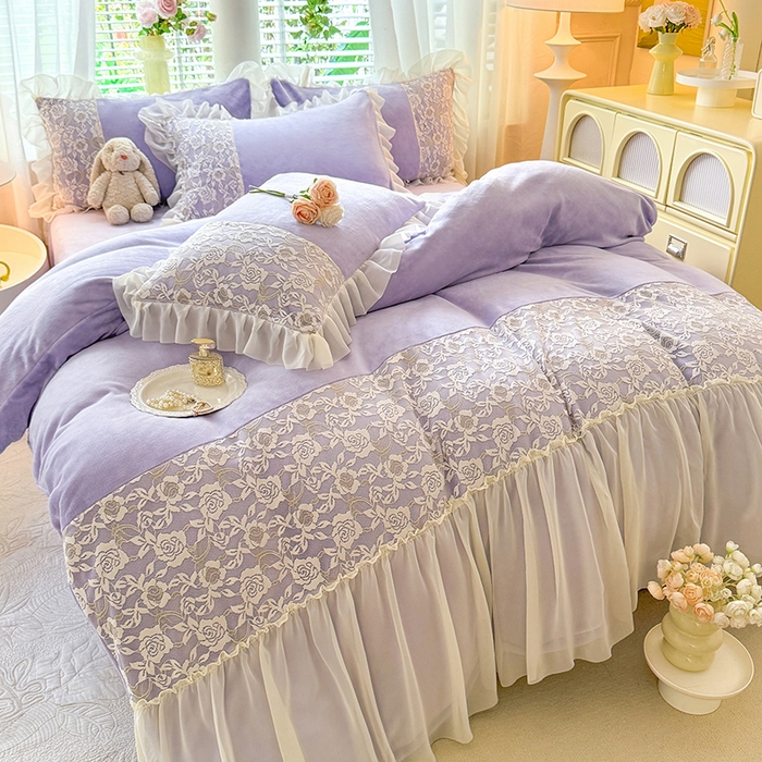 91家纺网 家纺一手货源 找家纺 唐人居 2025新款高克重牛奶绒蕾丝雪纺花边四件套-丘比特 丘比特-浅紫