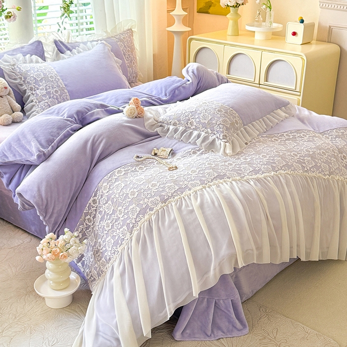 91家纺网 家纺一手货源 找家纺 唐人居 2025新款高克重牛奶绒蕾丝雪纺花边四件套-丘比特 丘比特-浅紫