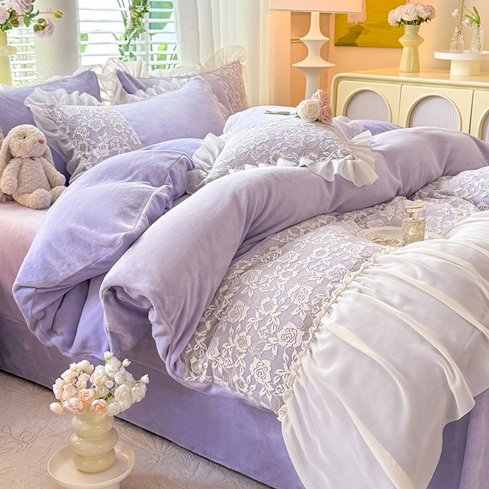 91家纺网 家纺一手货源 找家纺 唐人居 2025新款高克重牛奶绒蕾丝雪纺花边四件套-丘比特 丘比特-浅紫