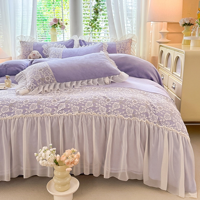 91家纺网 家纺一手货源 找家纺 唐人居 2025新款高克重牛奶绒蕾丝雪纺花边四件套-丘比特 丘比特-浅紫