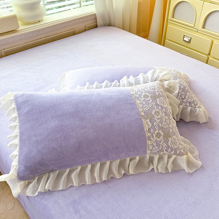 91家纺网 家纺一手货源 找家纺 唐人居 2025新款高克重牛奶绒蕾丝雪纺花边四件套-丘比特 丘比特-浅紫