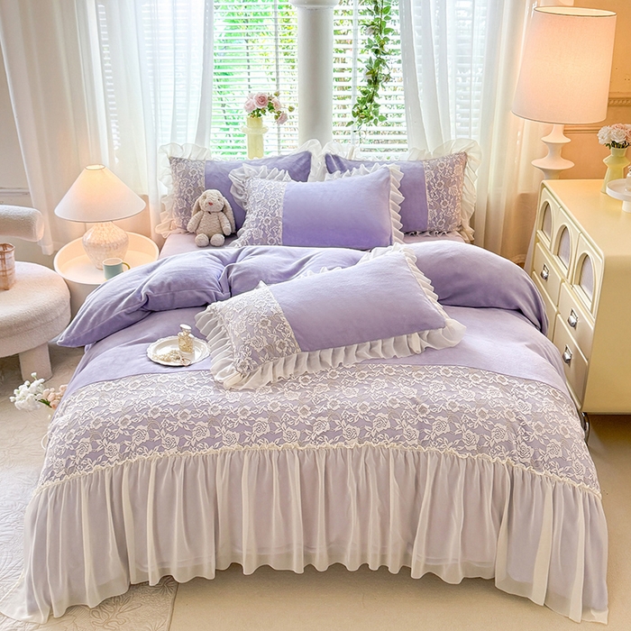 91家纺网 家纺一手货源 找家纺 唐人居 2025新款高克重牛奶绒蕾丝雪纺花边四件套-丘比特 丘比特-浅紫