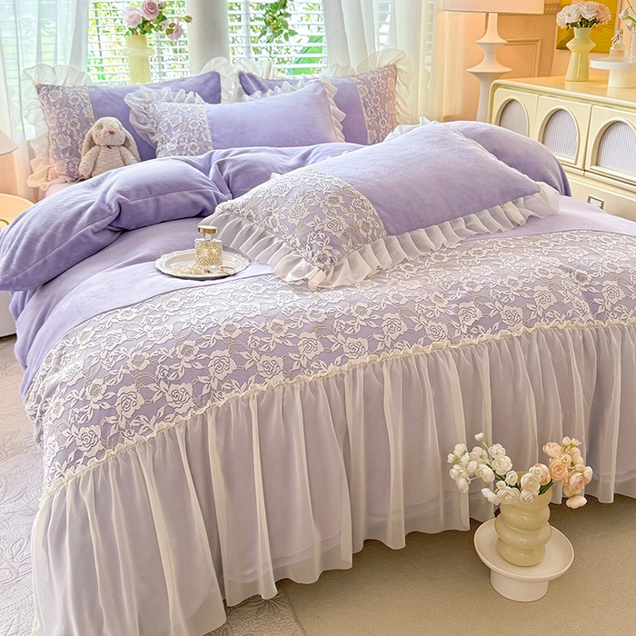 91家纺网 家纺一手货源 找家纺 唐人居 2025新款高克重牛奶绒蕾丝雪纺花边四件套-丘比特 丘比特-浅紫