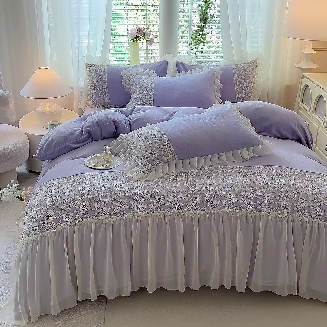 91家纺网 家纺一手货源 找家纺 唐人居 2025新款高克重牛奶绒蕾丝雪纺花边四件套-丘比特 丘比特-浅紫