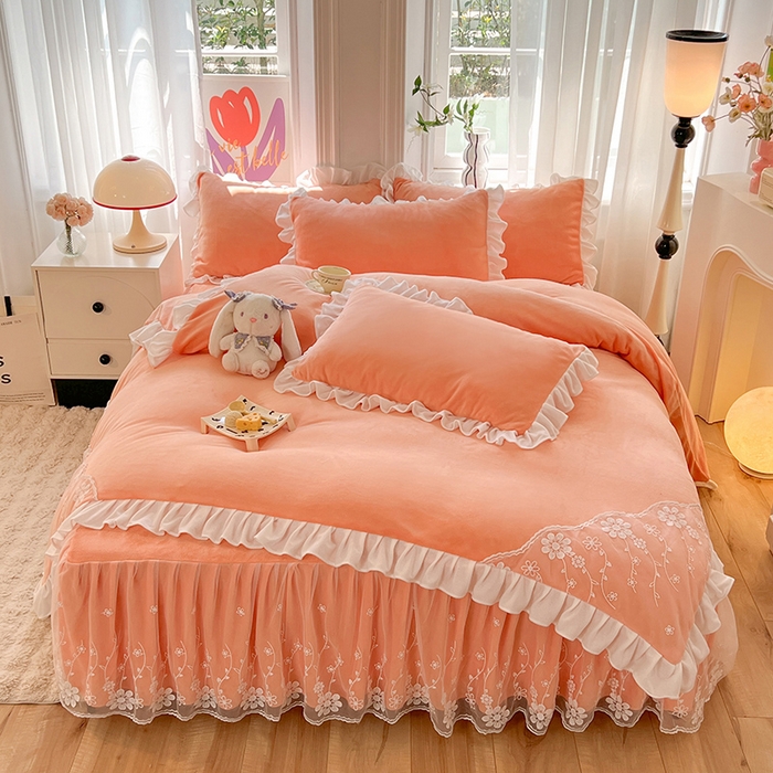 91家纺网 家纺一手货源 找家纺 （总）唐人居 2025新款加厚牛奶绒床裙款四件套--花颜系列