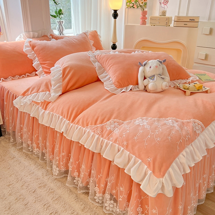 91家纺网 家纺一手货源 找家纺 唐人居 2025新款加厚牛奶绒床裙款四件套--花颜系列 花颜-橘粉