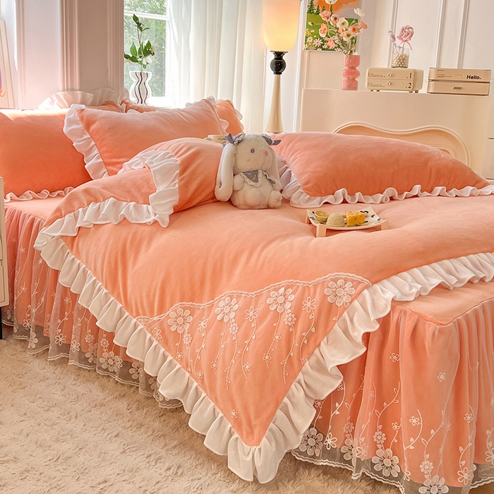 91家纺网 家纺一手货源 找家纺 唐人居 2025新款加厚牛奶绒床裙款四件套--花颜系列 花颜-橘粉