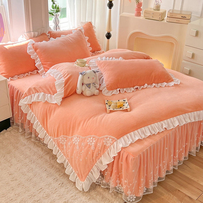91家纺网 家纺一手货源 找家纺 唐人居 2025新款加厚牛奶绒床裙款四件套--花颜系列 花颜-橘粉