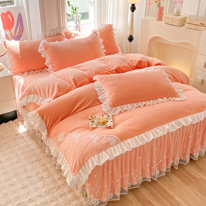 91家纺网 家纺一手货源 找家纺 唐人居 2025新款加厚牛奶绒床裙款四件套--花颜系列 花颜-橘粉