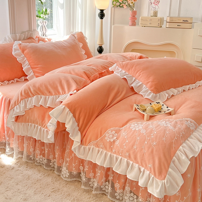 91家纺网 家纺一手货源 找家纺 唐人居 2025新款加厚牛奶绒床裙款四件套--花颜系列 花颜-橘粉