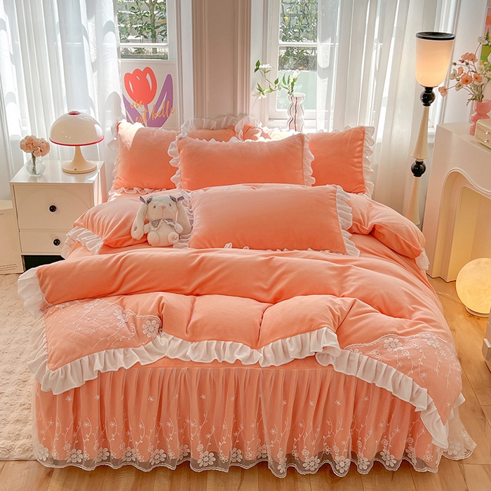 91家纺网 家纺一手货源 找家纺 唐人居 2025新款加厚牛奶绒床裙款四件套--花颜系列 花颜-橘粉