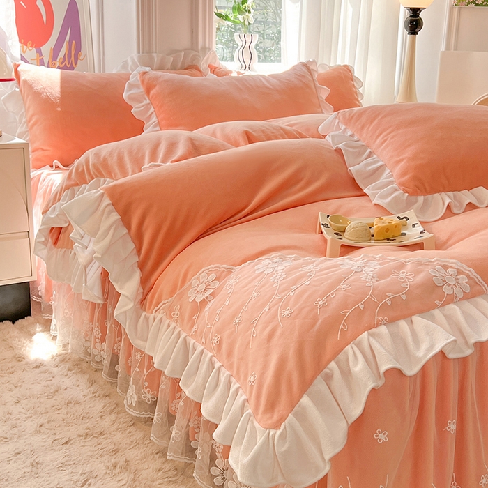 91家纺网 家纺一手货源 找家纺 唐人居 2025新款加厚牛奶绒床裙款四件套--花颜系列 花颜-橘粉