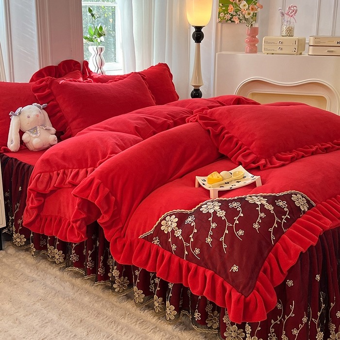 唐人居 2025新款加厚牛奶绒床裙款四件套--花颜系列 花颜-玫瑰红