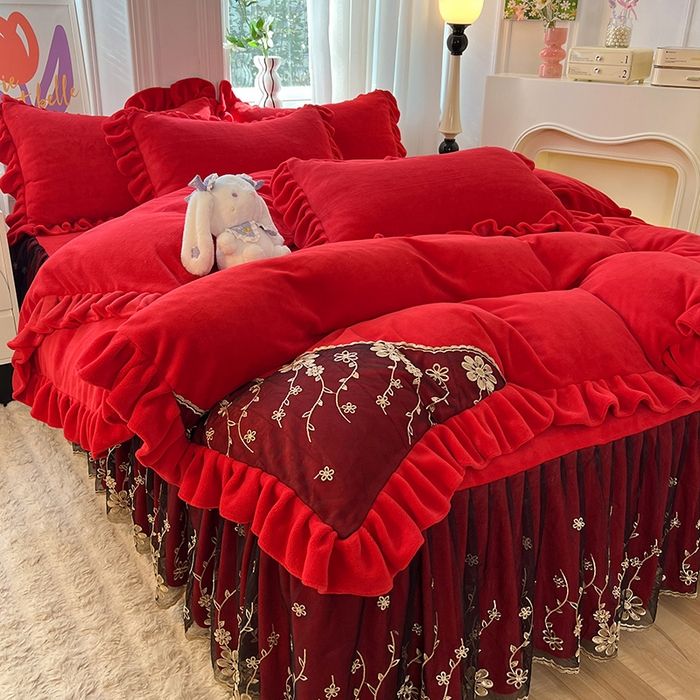 91家纺网 家纺一手货源 找家纺 唐人居 2025新款加厚牛奶绒床裙款四件套--花颜系列 花颜-玫瑰红