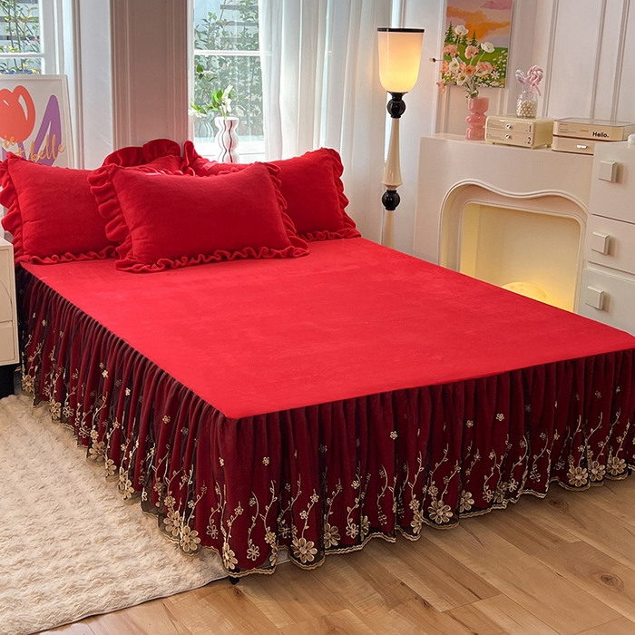 91家纺网 家纺一手货源 找家纺 唐人居 2025新款加厚牛奶绒床裙款四件套--花颜系列 花颜-玫瑰红
