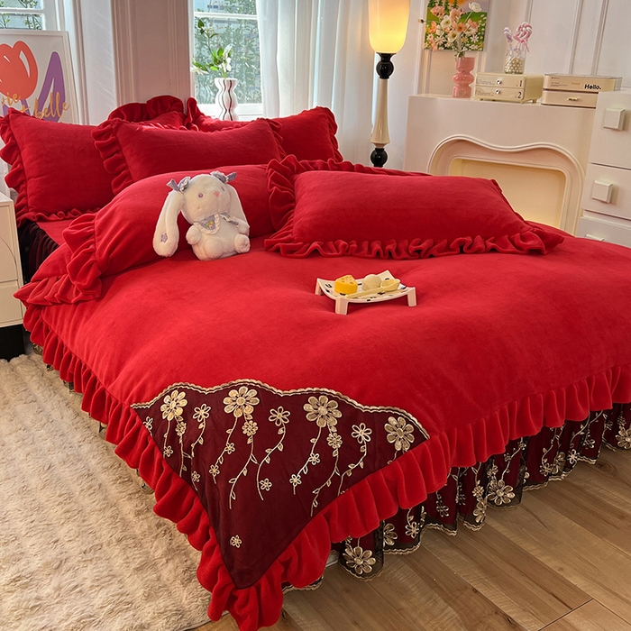 91家纺网 家纺一手货源 找家纺 唐人居 2025新款加厚牛奶绒床裙款四件套--花颜系列 花颜-玫瑰红