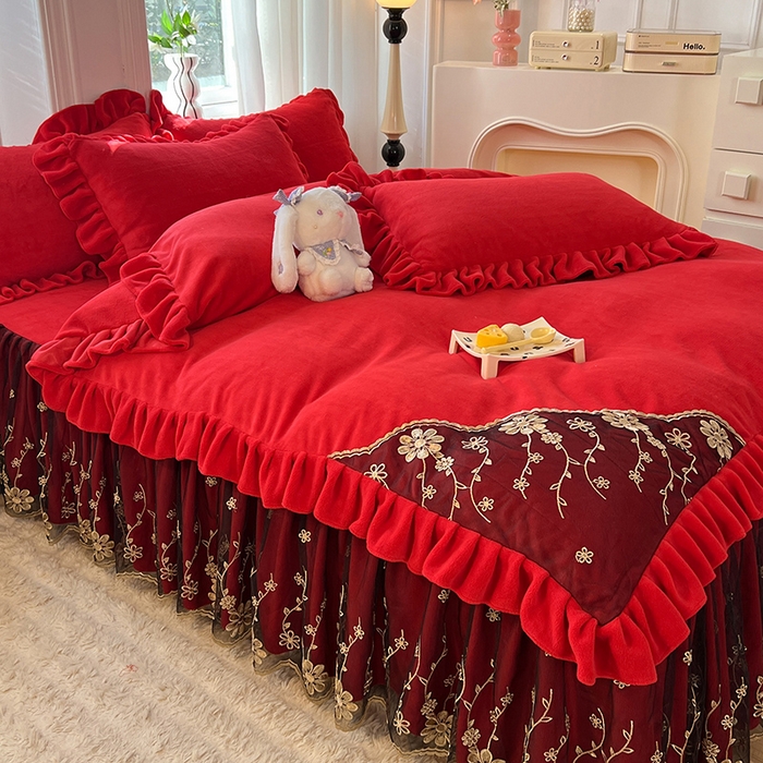 91家纺网 家纺一手货源 找家纺 唐人居 2025新款加厚牛奶绒床裙款四件套--花颜系列 花颜-玫瑰红