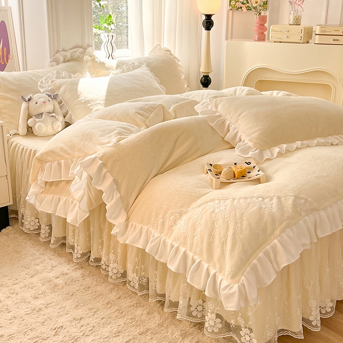 唐人居 2025新款加厚牛奶绒床裙款四件套--花颜系列 花颜-奶黄