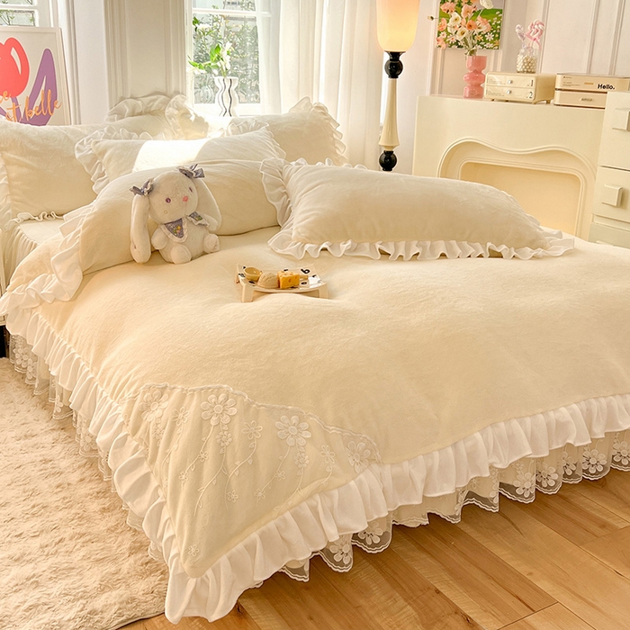 91家纺网 家纺一手货源 找家纺 唐人居 2025新款加厚牛奶绒床裙款四件套--花颜系列 花颜-奶黄