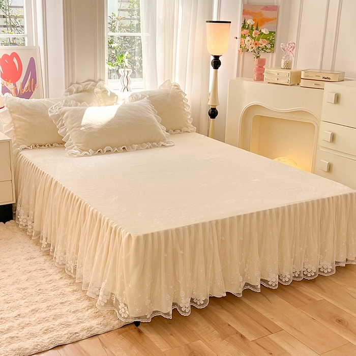 91家纺网 家纺一手货源 找家纺 唐人居 2025新款加厚牛奶绒床裙款四件套--花颜系列 花颜-奶黄