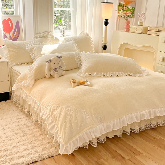 91家纺网 家纺一手货源 找家纺 唐人居 2025新款加厚牛奶绒床裙款四件套--花颜系列 花颜-奶黄