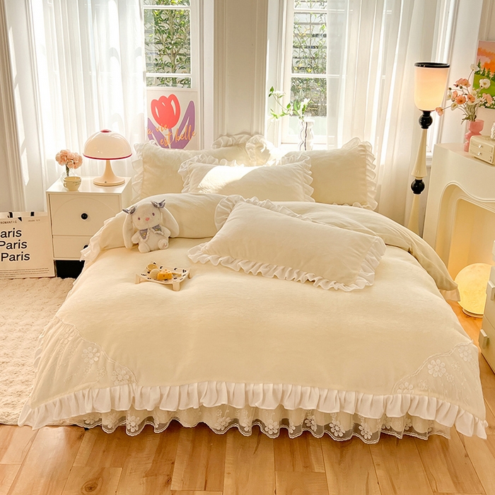 91家纺网 家纺一手货源 找家纺 唐人居 2025新款加厚牛奶绒床裙款四件套--花颜系列 花颜-奶黄