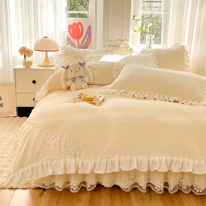 91家纺网 家纺一手货源 找家纺 唐人居 2025新款加厚牛奶绒床裙款四件套--花颜系列 花颜-奶黄