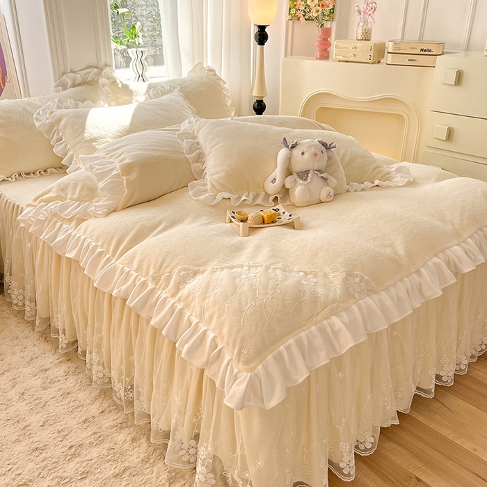 91家纺网 家纺一手货源 找家纺 唐人居 2025新款加厚牛奶绒床裙款四件套--花颜系列 花颜-奶黄