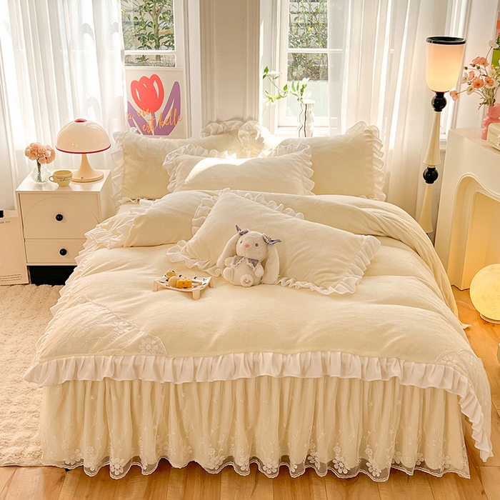 91家纺网 家纺一手货源 找家纺 唐人居 2025新款加厚牛奶绒床裙款四件套--花颜系列 花颜-奶黄