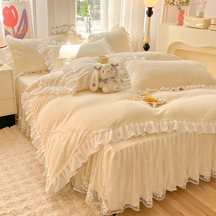 91家纺网 家纺一手货源 找家纺 唐人居 2025新款加厚牛奶绒床裙款四件套--花颜系列 花颜-奶黄