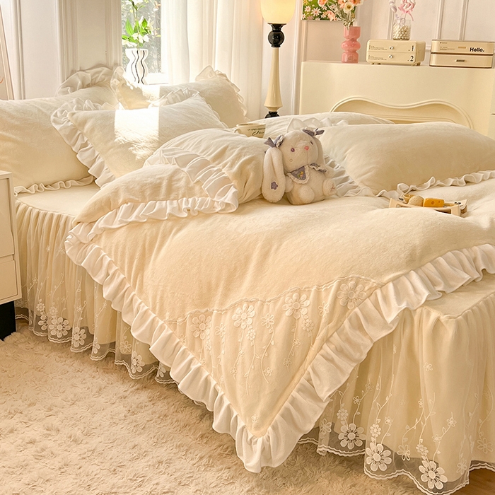 91家纺网 家纺一手货源 找家纺 唐人居 2025新款加厚牛奶绒床裙款四件套--花颜系列 花颜-奶黄