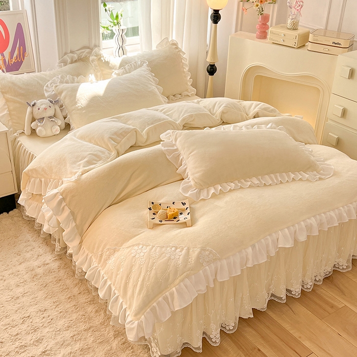 91家纺网 家纺一手货源 找家纺 唐人居 2025新款加厚牛奶绒床裙款四件套--花颜系列 花颜-奶黄