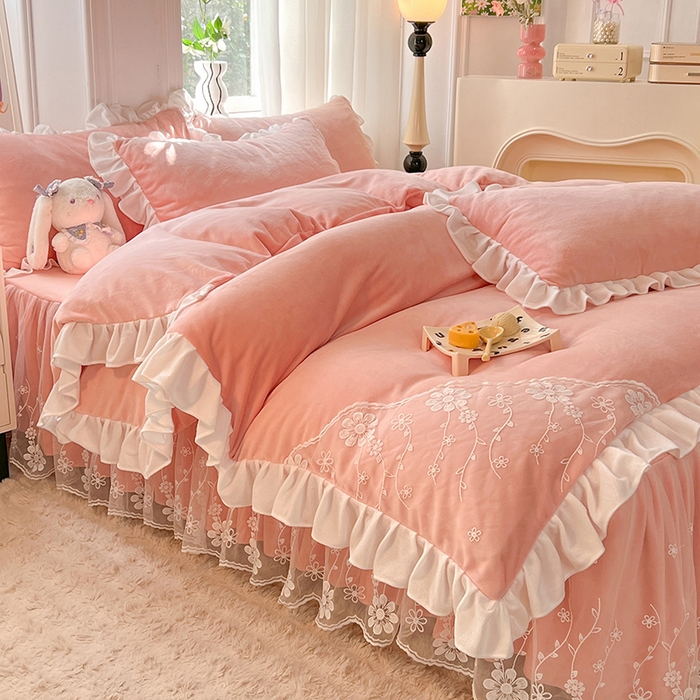 唐人居 2025新款加厚牛奶绒床裙款四件套--花颜系列 花颜-浅粉玉