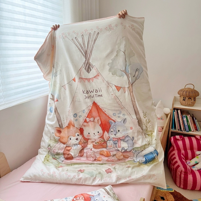 91家纺网 家纺一手货源 找家纺 萌宝家纺 2025新款A类60S数码大版印花长绒棉幼儿园三件套儿童多件套 丛林聚餐