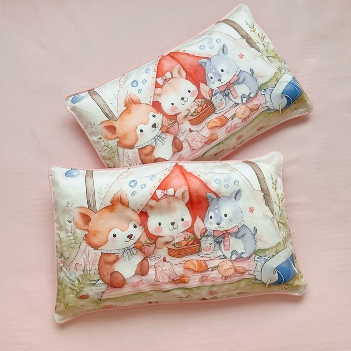 91家纺网 家纺一手货源 找家纺 萌宝家纺 2025新款A类60S数码大版印花长绒棉幼儿园三件套儿童多件套 丛林聚餐