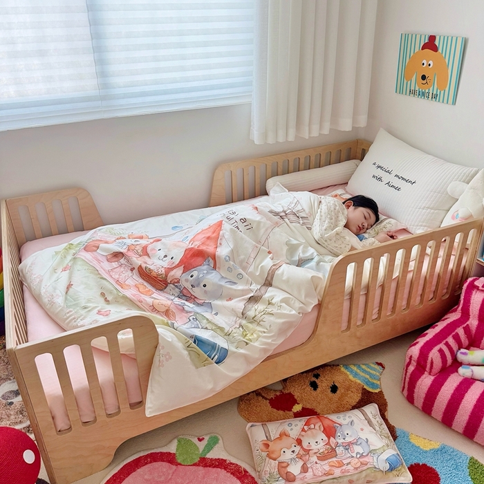 91家纺网 家纺一手货源 找家纺 萌宝家纺 2025新款A类60S数码大版印花长绒棉幼儿园三件套儿童多件套 丛林聚餐