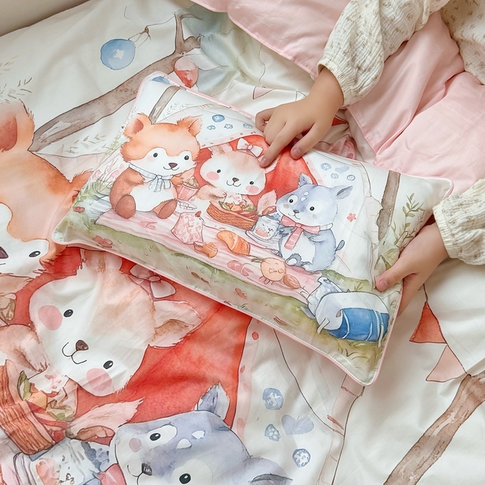 91家纺网 家纺一手货源 找家纺 萌宝家纺 2025新款A类60S数码大版印花长绒棉幼儿园三件套儿童多件套 丛林聚餐