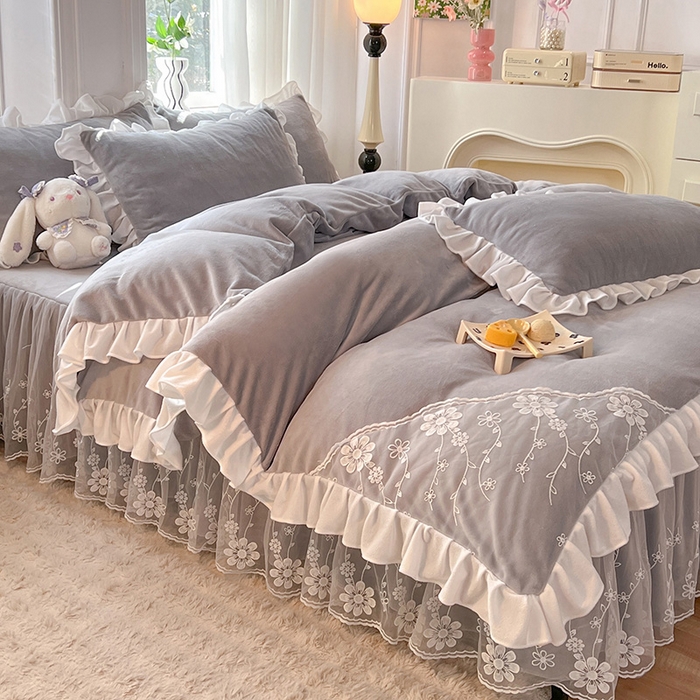 唐人居 2025新款加厚牛奶绒床裙款四件套--花颜系列 花颜-浅灰