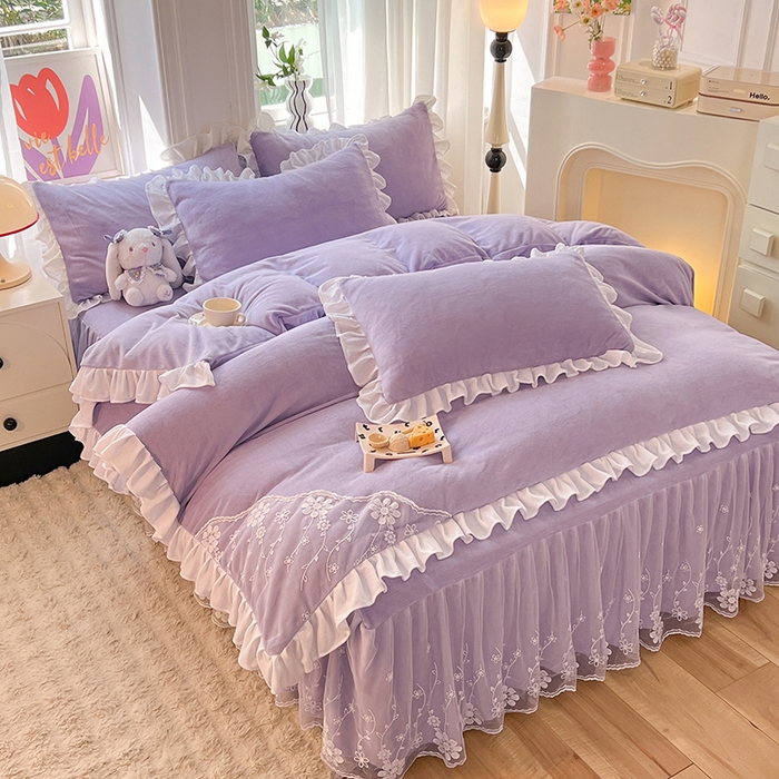 91家纺网 家纺一手货源 找家纺 唐人居 2025新款加厚牛奶绒床裙款四件套--花颜系列 花颜-浅紫