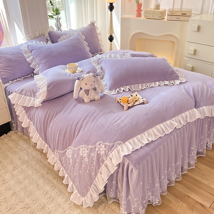 91家纺网 家纺一手货源 找家纺 唐人居 2025新款加厚牛奶绒床裙款四件套--花颜系列 花颜-浅紫