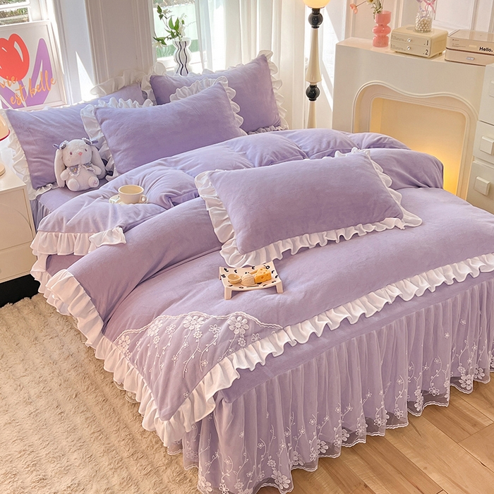 91家纺网 家纺一手货源 找家纺 唐人居 2025新款加厚牛奶绒床裙款四件套--花颜系列 花颜-浅紫