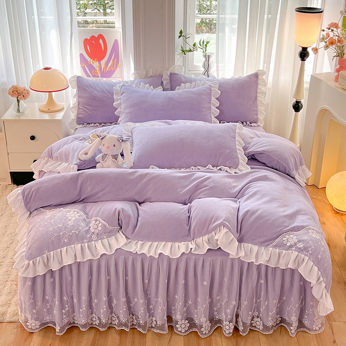 91家纺网 家纺一手货源 找家纺 唐人居 2025新款加厚牛奶绒床裙款四件套--花颜系列 花颜-浅紫